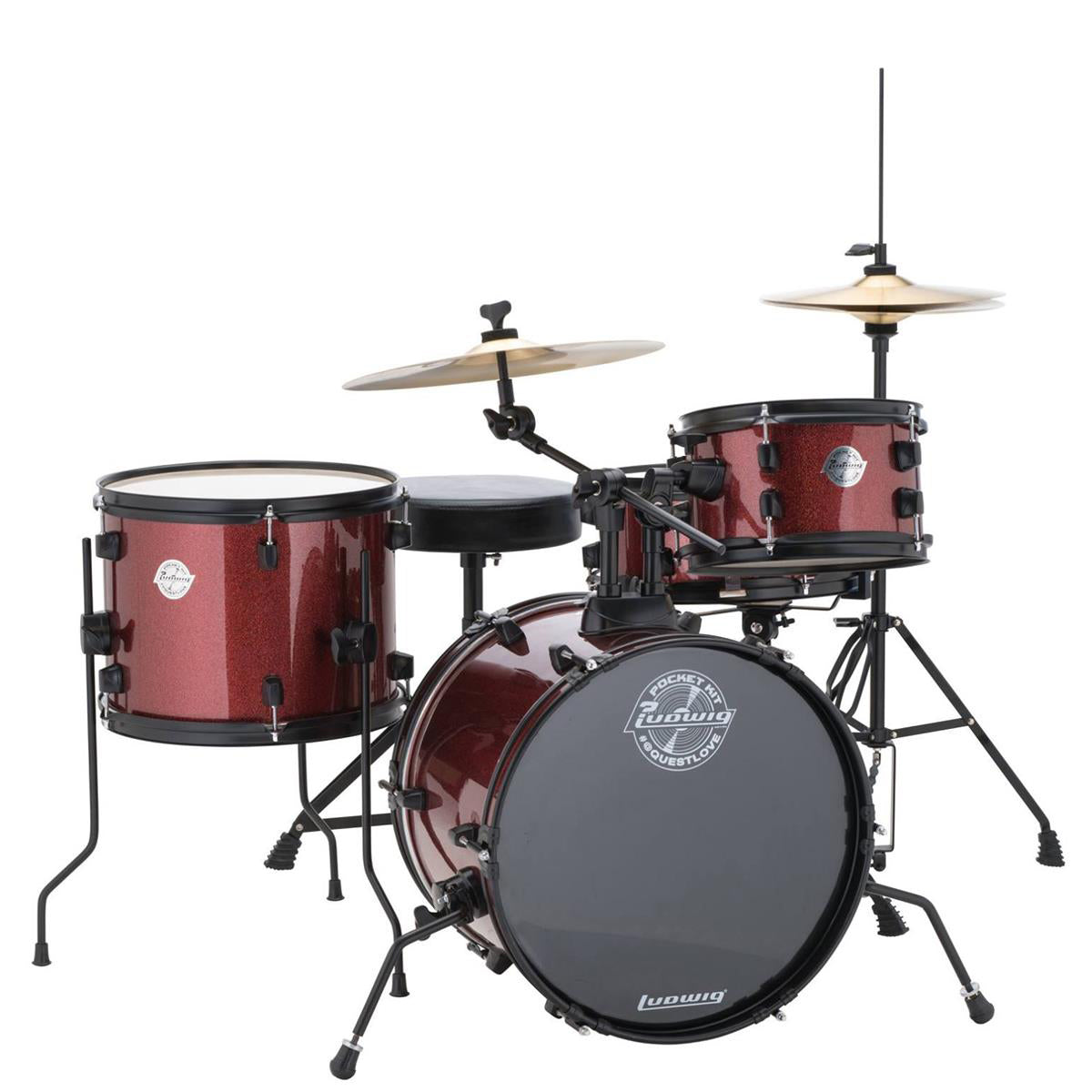 Ludwig LC178X025 Questlove Pocket Kit w/ Hardware & Cymbals, Wine Red Sparkle